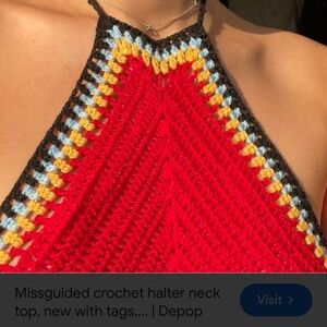 Garage Bright Pink Crochet Halter Top with Multicolor Trim